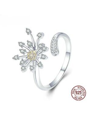 New Dainty Flower Ring CZ Platinum Over S925 Silver Dandelion Adjustable Open